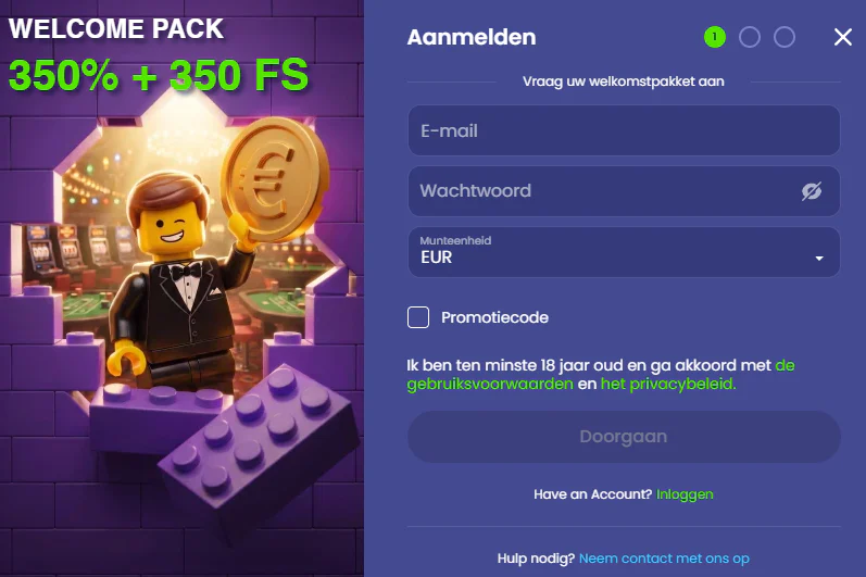 Viu-Viu Casino registratieformulier met het welkomstpakket van 350% bonus en 350 free spins